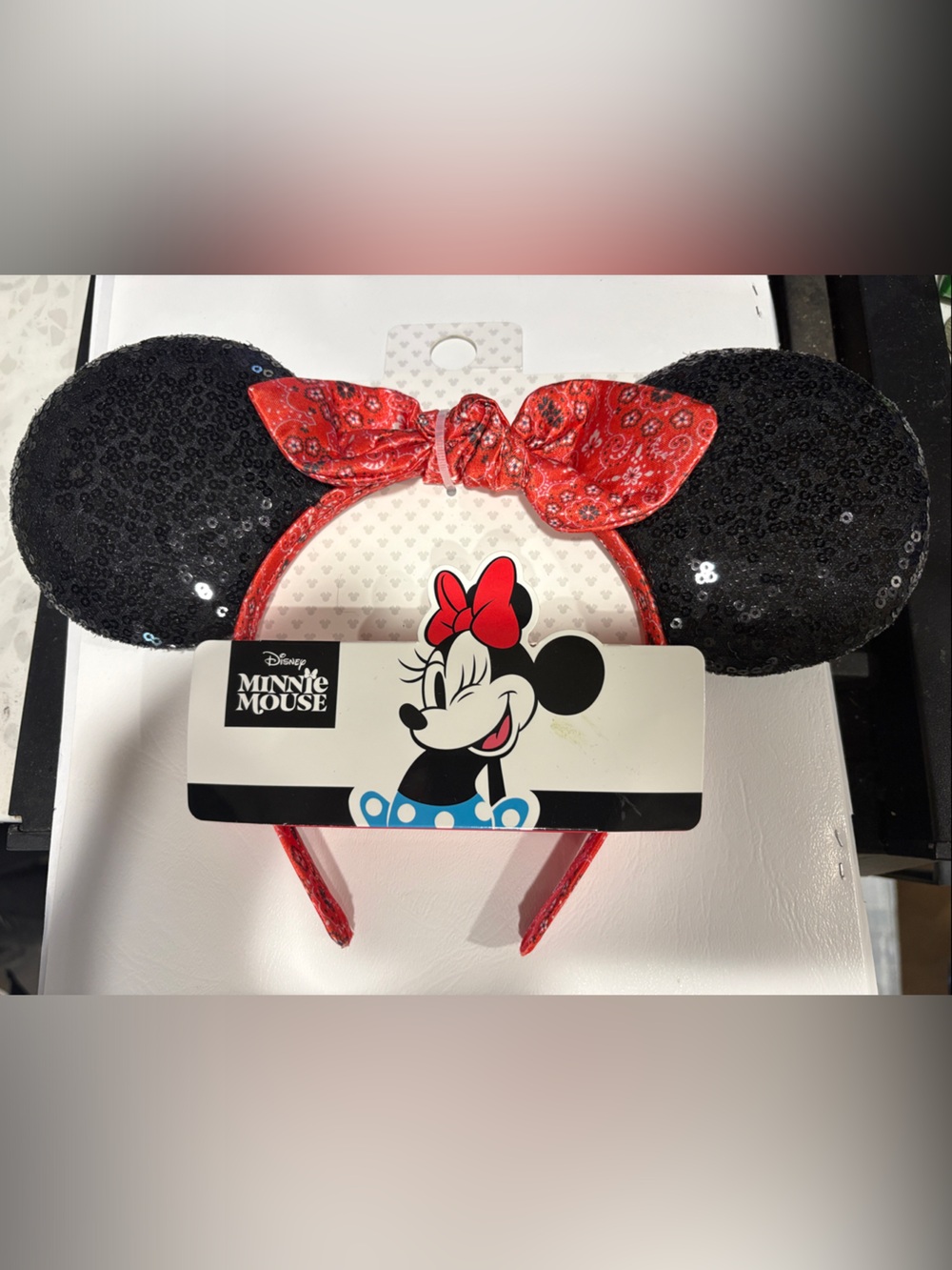 Disney Minnie Mouse Black Sequin Ear Headband with Red Bandana Bow